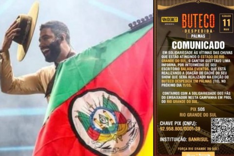 Gusttavo Lima anuncia que vai doar 100% do cachê de seu show “Buteco” em Palmas-TO para ajudar vítimas das enchentes no RS